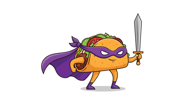 Heroic taco character wearing a purple mask and cape stands in a powerful pose while holding a sharp silver sword on a clean white background.