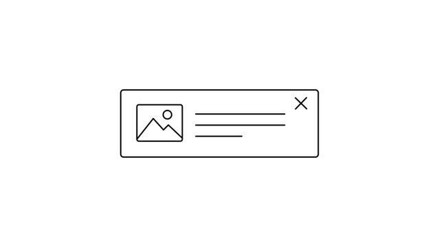 Horizontal banner ad notification window with image placeholder, text lines, and close button. Minimalist black line vector illustration with editable stroke for adjustable line weight.