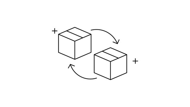 Cross-selling and Product Suggestion Minimalist Black Line Vector Icon with Editable Stroke; Two Shipping Boxes with Exchange Arrows for E-commerce, Logistics, and Retail Marketing Illustration.