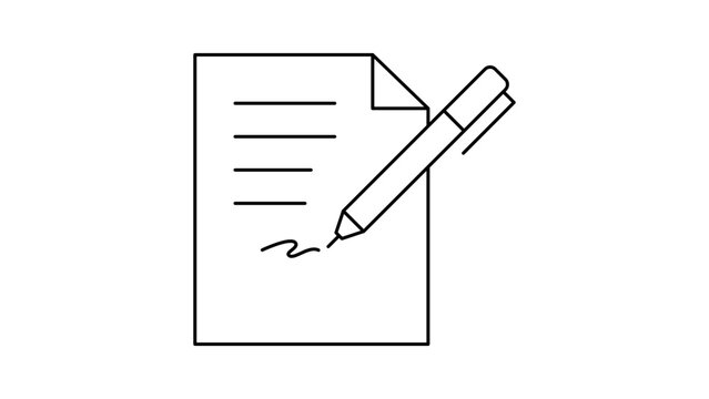 Minimalist black line vector icon of a pen signing a document or contract on white background. This editable stroke illustration represents content writing, legal agreements, and business signing.