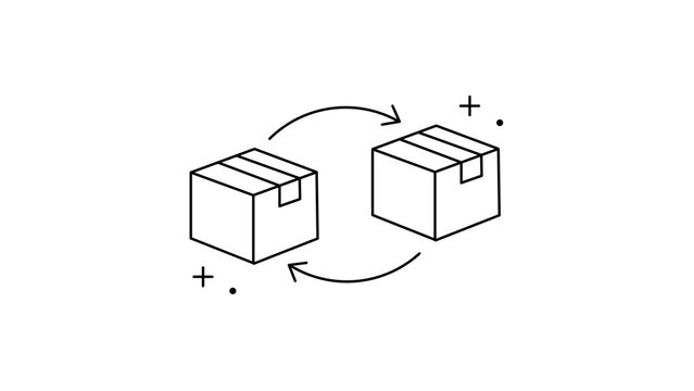 Cross-sell and Product Suggestion Minimalist Black Line Vector Icon on White Background with Editable Stroke, Featuring Two Interacting Boxes and Curved Arrows for E-commerce and Logistics.