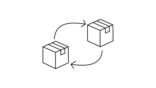 Minimalist Black Line Vector Icon of Two Cardboard Boxes with Circular Arrows Representing Cross-sell Suggestions, Product Exchange, or Replacement with Editable Stroke on White Background.