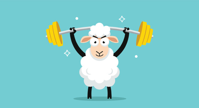 Strong white sheep with determined eyes lifts a heavy yellow barbell high above its head to show its impressive strength on a blue background.