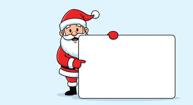 Jolly santa claus wearing his iconic red suit and hat points one finger toward a large blank white sign that he is holding on his right side.