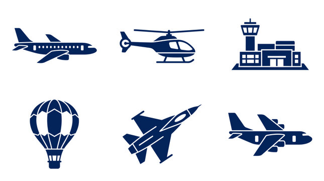 Various aircraft and airport elements depicted in a clean, minimalist style for aviation themes