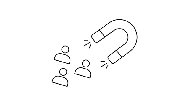 Lead Generation and Customer Acquisition Concept: Minimalist Black Line Vector Icon of a Magnet Attracting People, Hand-Drawn Style with Editable Stroke on White Background for Marketing Design.
