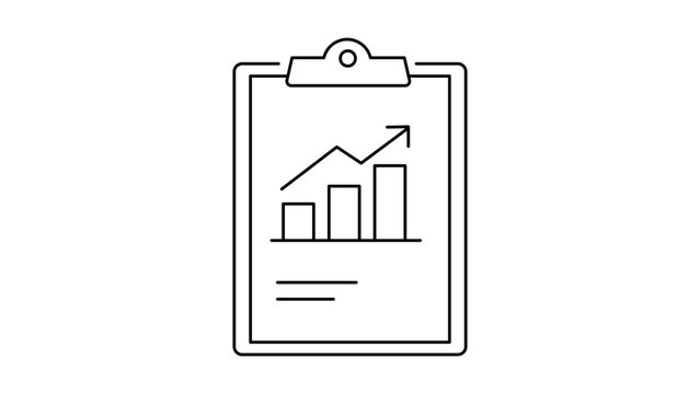 Market Research and Data Analysis Vector Icon with Editable Stroke. Minimalist black line illustration of a clipboard featuring a bar chart and an upward-trending line graph for business growth.