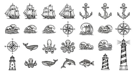 Nautical icons and sea creatures collection. © kely