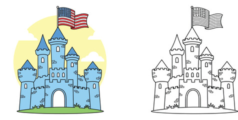 Fototapeta premium Fantasy Castle with American Flag Illustration Set, Blue Fairy Tale Fortress Colored Version and Black and White Line Art Coloring Page for Kids Education and Patriotic Holiday Activities