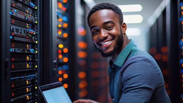 Focused technician with obscured face working on a laptop among illuminated server racks and blinking LED lights in a data center
