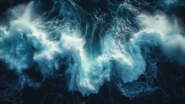 aerial view of dark turbulent ocean waves crashing with frothy white foam conveying raw power and dramatic intensity