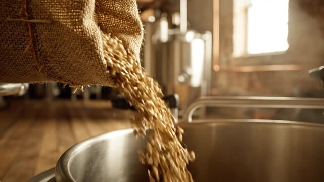 Brewery scene showing malted barley pouring from a burlap sack into a stainless steel brewing vessel
