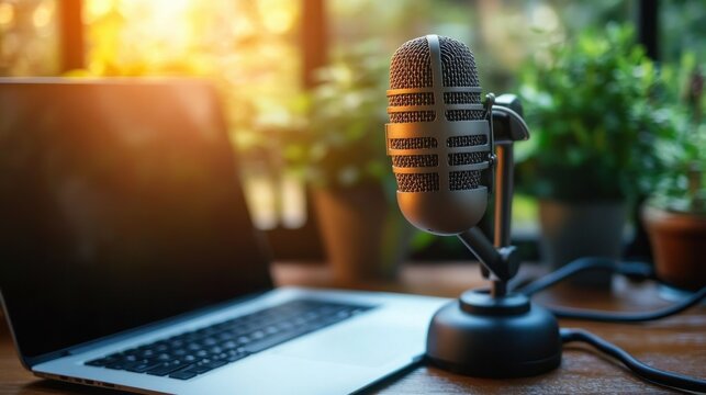 Sunlit home recording setup with a desktop microphone on a stand beside an open laptop and potted plants, warm cozy creative atmosphere