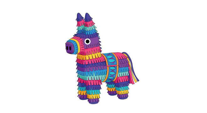 Traditional Mexican donkey pinata decorated with vibrant multi-colored fringed paper layers for a fun party or holiday celebration.