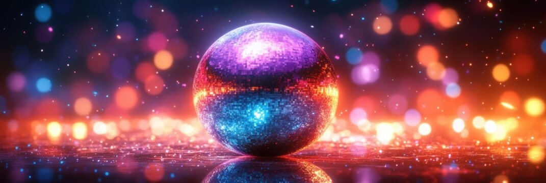 shimmering mirrored disco ball on a reflective surface surrounded by colorful bokeh lights and sparkles, glowing neon hues and a vibrant festive glamorous atmosphere
