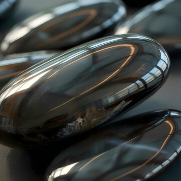 Close-up of polished obsidian stones with reflective surfaces and warm light reflections smooth