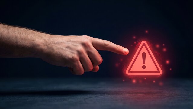 Hand pointing towards a glowing red caution symbol, signifying a warning or danger alert