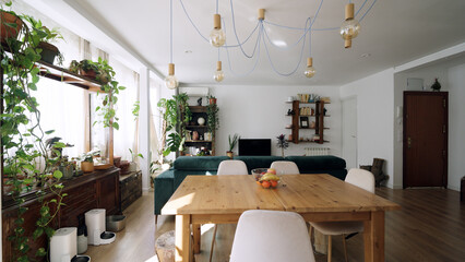 Modern home interior showing a comfortable living room and dining space, filled with greenery and natural light © DMegias