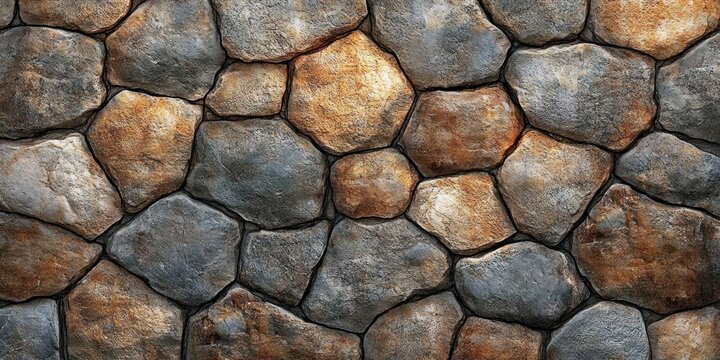 weathered irregular stone wall with warm rust and gray tones, textured masonry pattern evoking rustic warmth and sturdy solidity