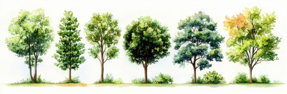 seven hand-painted watercolor trees in a row with varied green and yellow foliage, slender trunks, grassy shrubs at the base, calm serene natural scene
