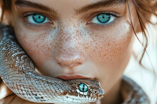 close-up of wavy brown hair with a scaly snake resting on a shoulder conveying calm intimate mood