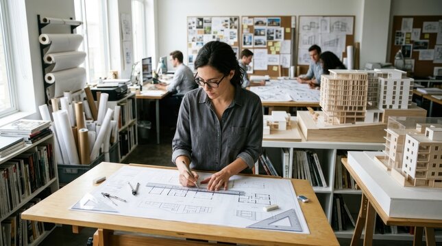 A woman in a modern office setting, wearing glasses and a dark shirt, is working on architectural blueprints at a wooden desk.
