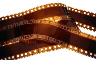 Fototapeta premium overlapping curled 35mm photographic film negatives with glowing warm light and visible sprocket holes evoking a nostalgic cinematic mood