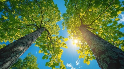 Fototapeta premium upward view of two tall leafy trees with sunlight streaming through a green canopy against a clear blue sky, evoking peaceful warmth and awe