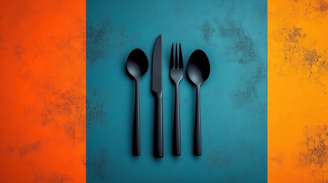 matte black cutlery set with two spoons, one knife and one fork arranged in a row on a textured teal panel with orange borders, sleek minimalist elegant mood