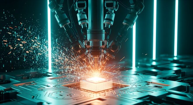 Robotic arms welding a cube with bright sparks and neon lights