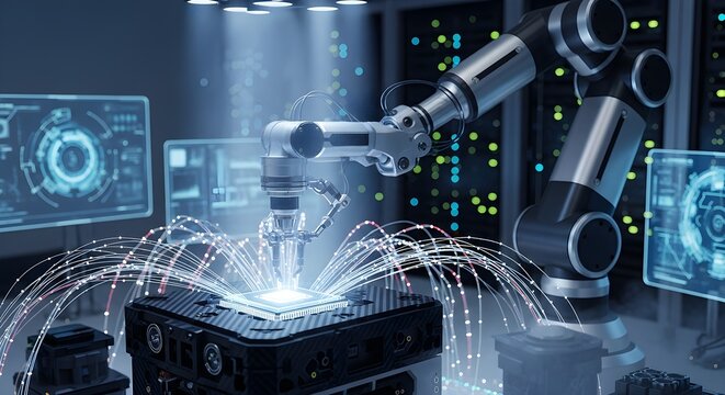 Industrial robotic arm welding a circuit board in a high-tech factory