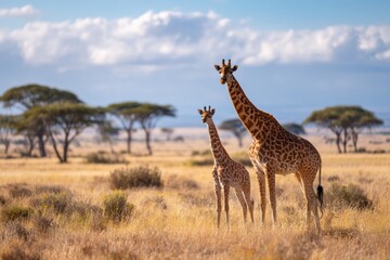 Obraz premium Mother giraffe and baby standing in African savanna