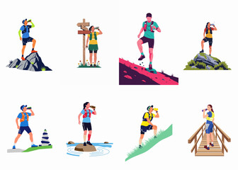 Fototapeta premium Flat illustration set of trail runners and hikers drinking water and exercising in diverse outdoor nature settings like mountains, trails, and forests.