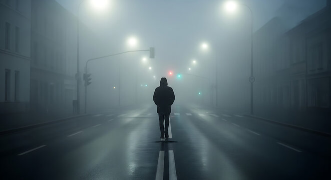 A solitary figure walks down a deserted, rain-slicked urban street enveloped in a dense, atmospheric fog at night, creating an introspective and mysterious scene
