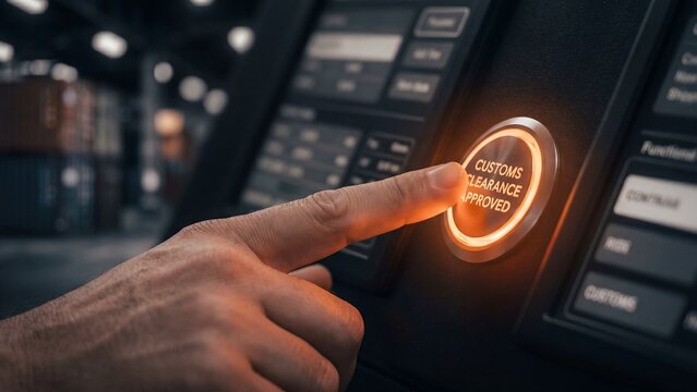Finger pressing button confirming customs clearance approved on digital screen in a facility