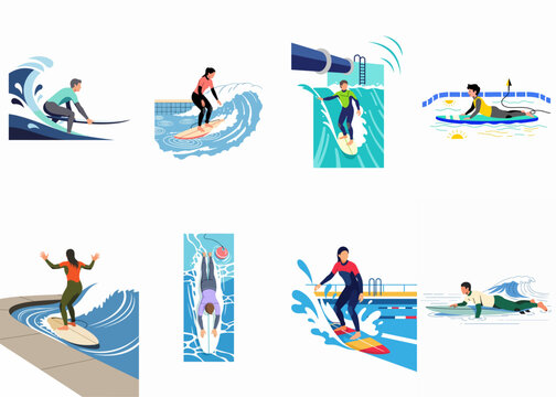 Collection of flat vector illustrations of people surfing in artificial wave pools and indoor surf parks, featuring diverse characters and dynamic water movements.