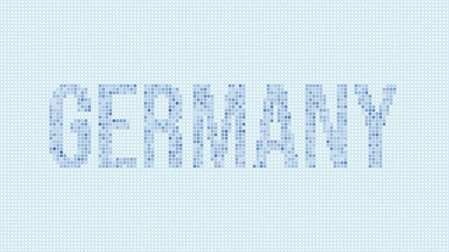 Germany dotted map animation. Digital style shape of the country. Germany shape and title dots appear with bulb flickering effect. Intro, outro, logo, title video.