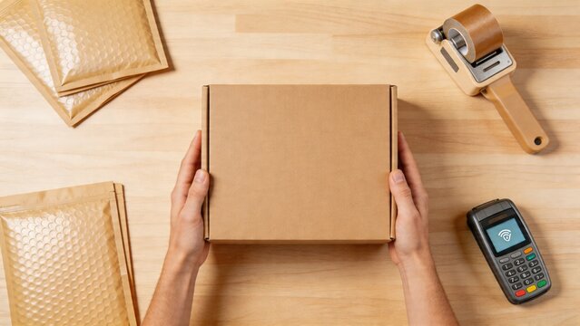 A person is preparing a package for delivery on a wooden table with various shipping supplies, including bubble envelopes, tape, and a payment terminal, highlighting the process of order fulfillment