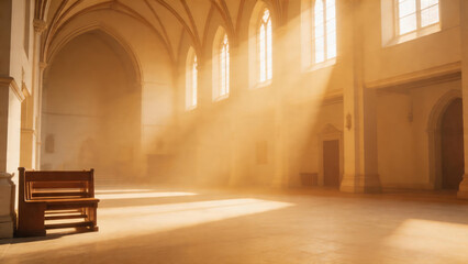 Obraz premium Divine Sunlight Streaming Through Cathedral Windows onto Empty Wooden Pews, Spiritual Interior