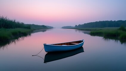 Obraz premium Peaceful Blue Boat Floating on Calm River at Dusk.