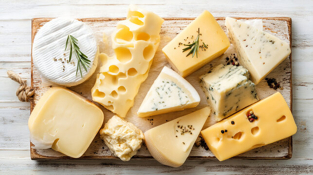 Top-down view of various cheeses with rosemary sprigs on a wooden board, cheese plate