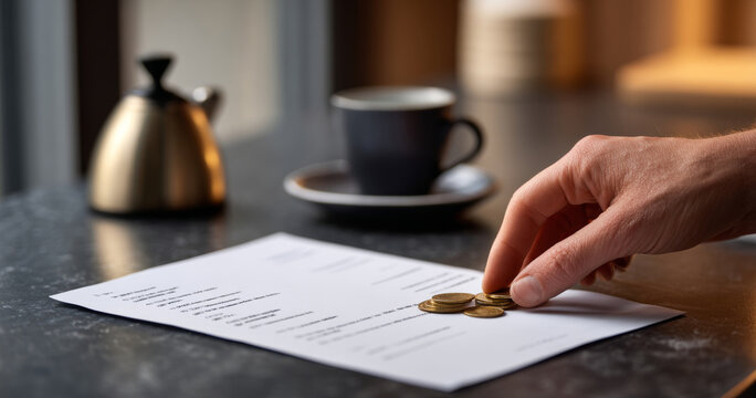 Hand placing coins on a document on a table with a blurred coffee cup and kettle in the background, symbolizing financial planning or budgeting