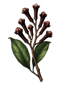 Botanical Illustration of Clove Plant Syzygium Aromaticum with Leaves