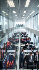 Obraz premium Busy financial office with professionals reacting to a stock market crash, surrounded by screens displaying red downward trends, in a modern glass-walled interior