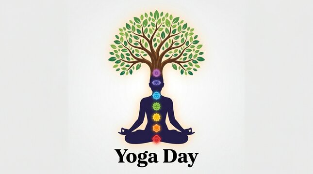 Yoga Day Meditation with Chakra Symbols and Tree of Life Illustration