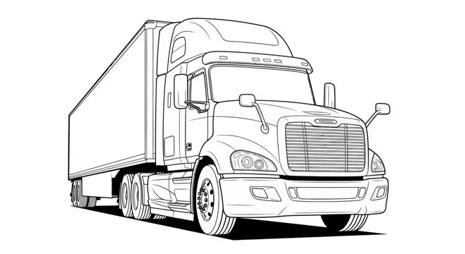 Line Art Semi-Truck Illustration - Freightliner Tractor Trailer Outline