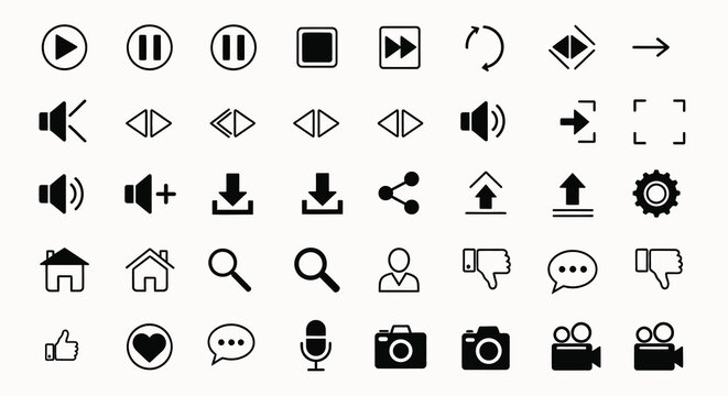 Set of music icons and media symbols in vector format for web technology and business website design including communication signs for computer and mobile phone apps