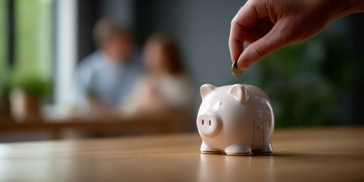 Hand placing coin into white ceramic piggy bank on wooden table with blurred couple in background representing saving money and financial planning