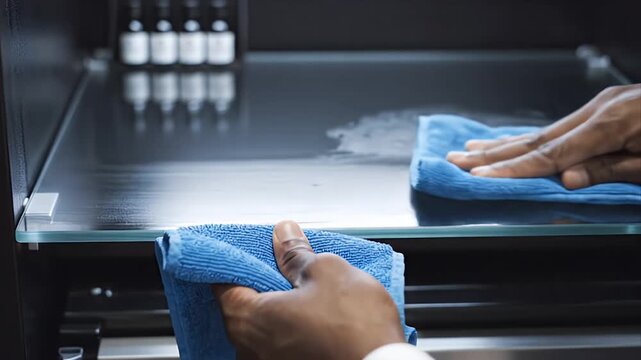 Close up Of Black Hands Wiping A Glass Shelf With Blue Microfiber Cloth In A Minibar