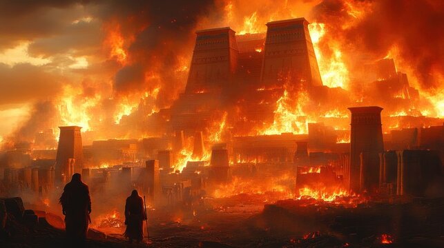 Two cloaked figures watch a massive stepped temple and surrounding city engulfed in roaring flames and smoke, evoking dread and devastation